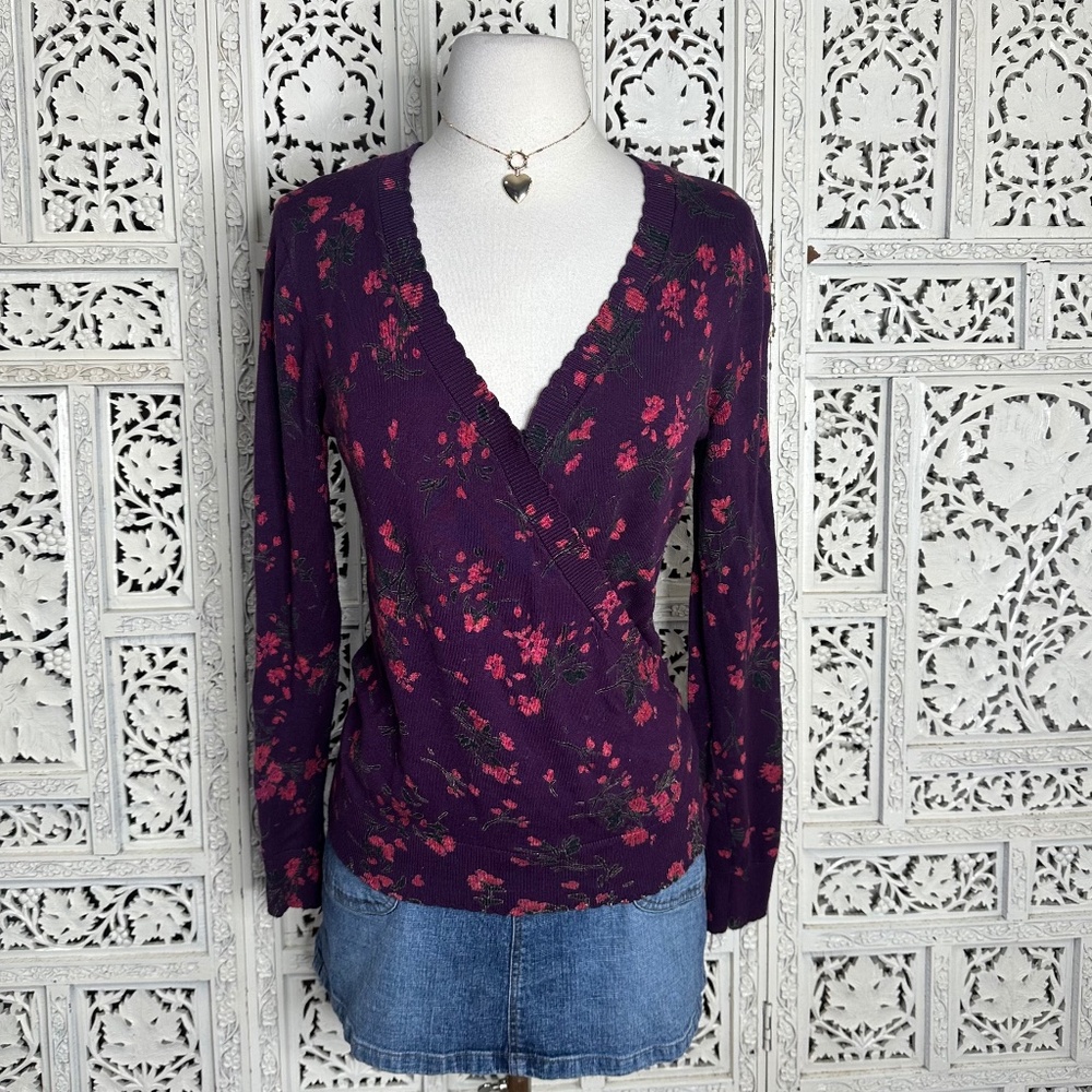Daniel Rainn Purple & Pink Floral Coquette‎ Faux Wrap Long Sleeve Blouse Sz XS
